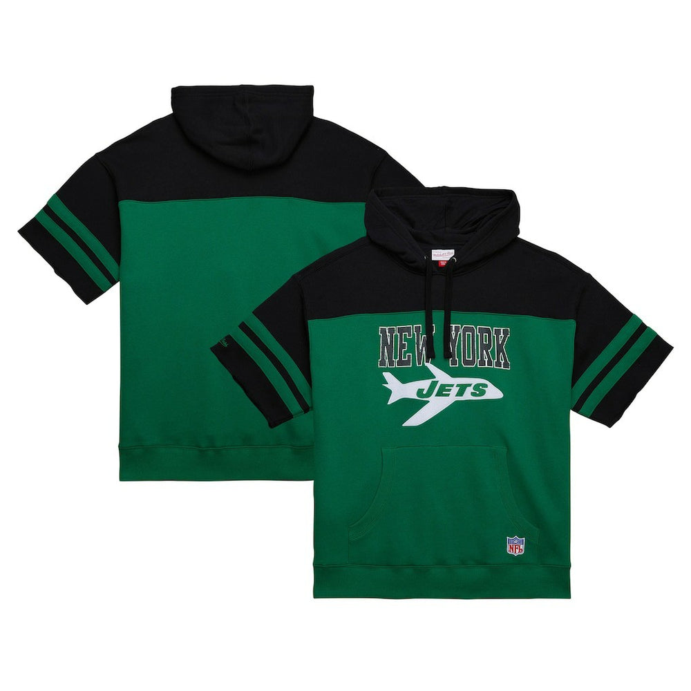 New York Jets Off Field Vintage Logo Short Sleeve Pullover Hoodie Kelly Green - Mitchell & Ness