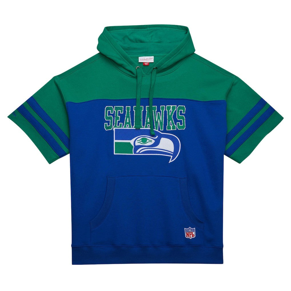 Seattle Seahawks Off Field Vintage Logo Short Sleeve Pullover Hoodie Royal - Mitchell & Ness