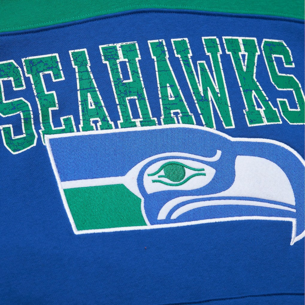 Seattle Seahawks Off Field Vintage Logo Short Sleeve Pullover Hoodie Royal - Mitchell & Ness