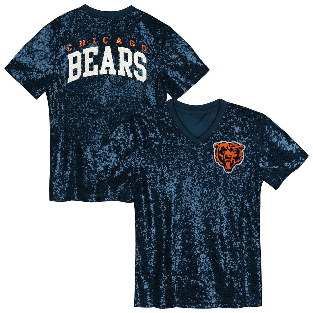 Chicago Bears Girls Youth Wordmark Sequin V-Neck Top Navy - NFL