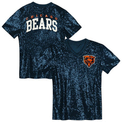 Chicago Bears Girls Youth Wordmark Sequin V-Neck Top Navy - NFL