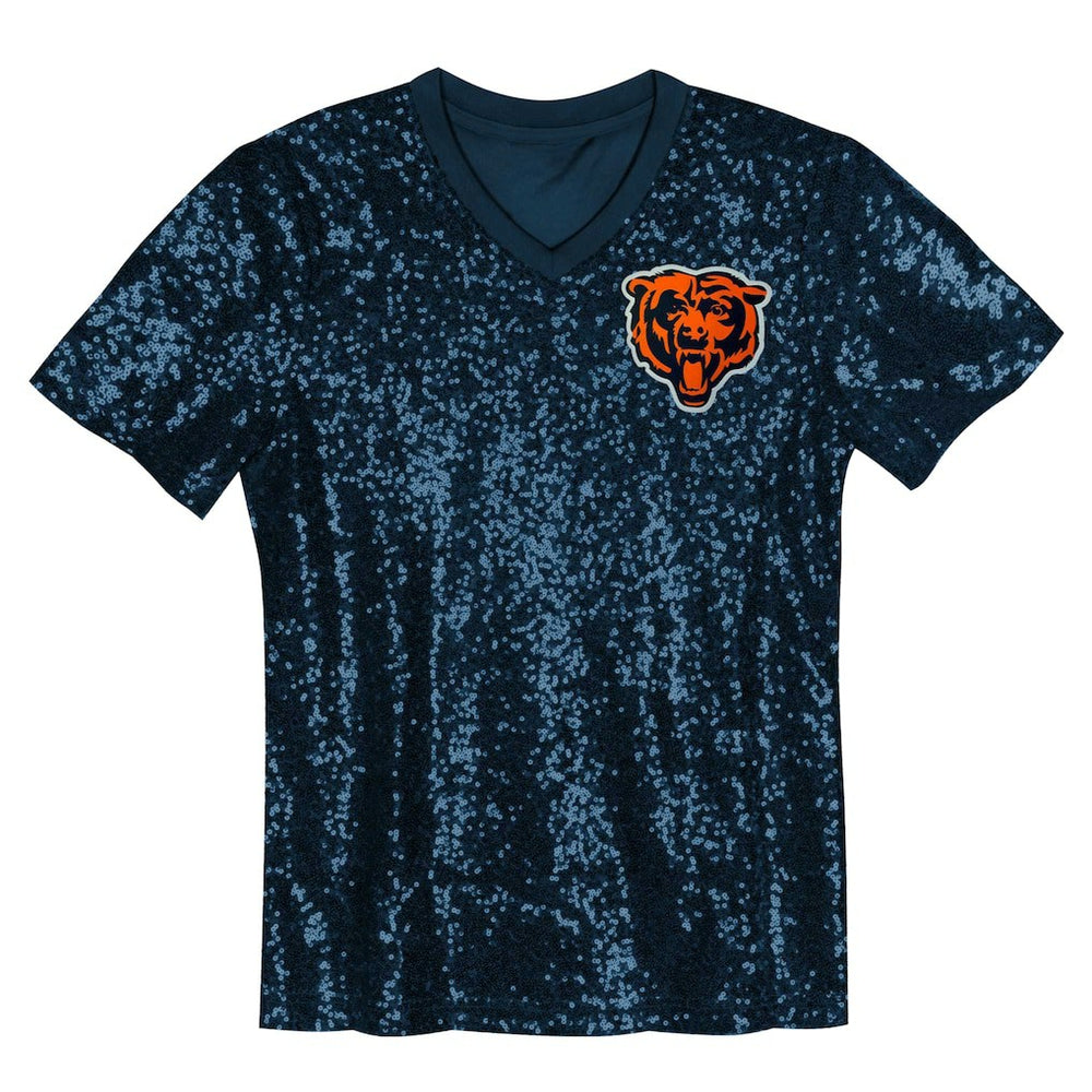 Chicago Bears Girls Youth Wordmark Sequin V-Neck Top Navy - NFL