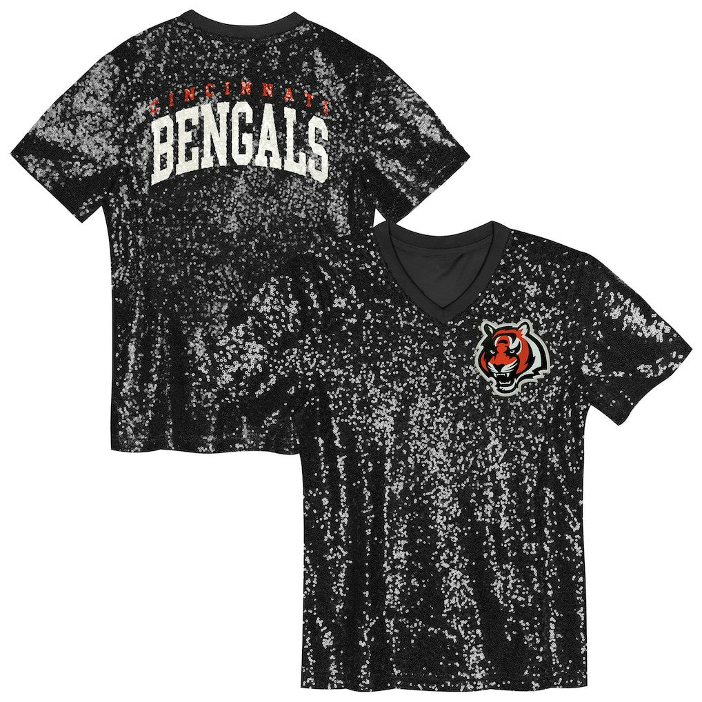 Cincinnati Bengals Girls Youth Wordmark Sequin V-Neck Top Black - NFL