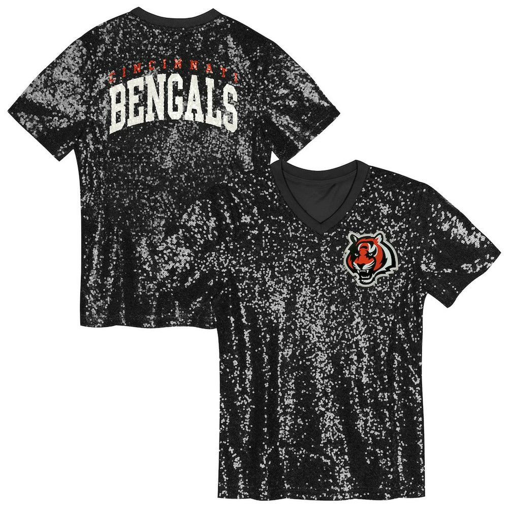 Cincinnati Bengals Girls Youth Wordmark Sequin V-Neck Top Black - NFL