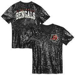 Cincinnati Bengals Girls Youth Wordmark Sequin V-Neck Top Black - NFL