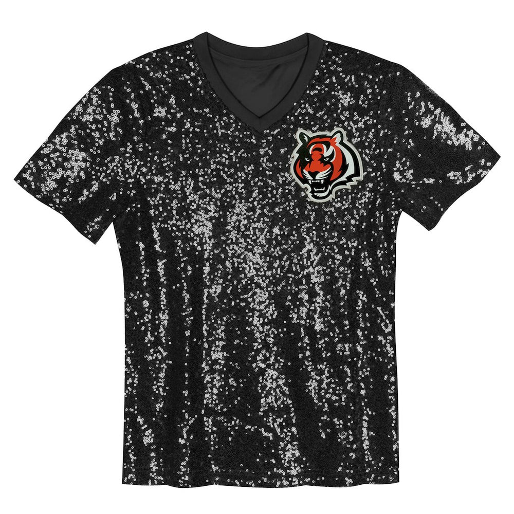Cincinnati Bengals Girls Youth Wordmark Sequin V-Neck Top Black - NFL