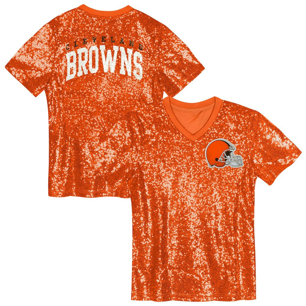 Cleveland Browns Girls Youth Wordmark Sequin V-Neck Top Orange - NFL