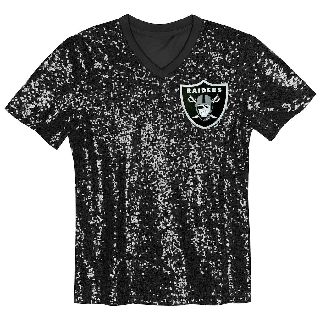 Las Vegas Raiders Girls Youth Wordmark Sequin V-Neck Top Black - NFL