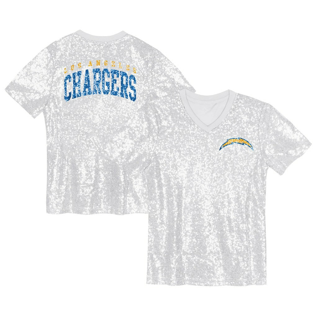 Los Angeles Chargers Girls Youth Wordmark Sequin V-Neck Top White - NFL