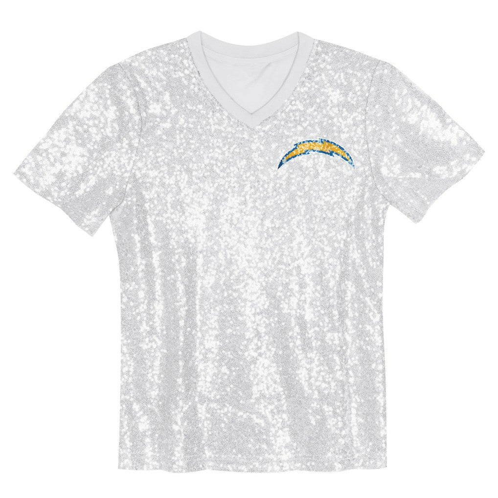 Los Angeles Chargers Girls Youth Wordmark Sequin V-Neck Top White - NFL