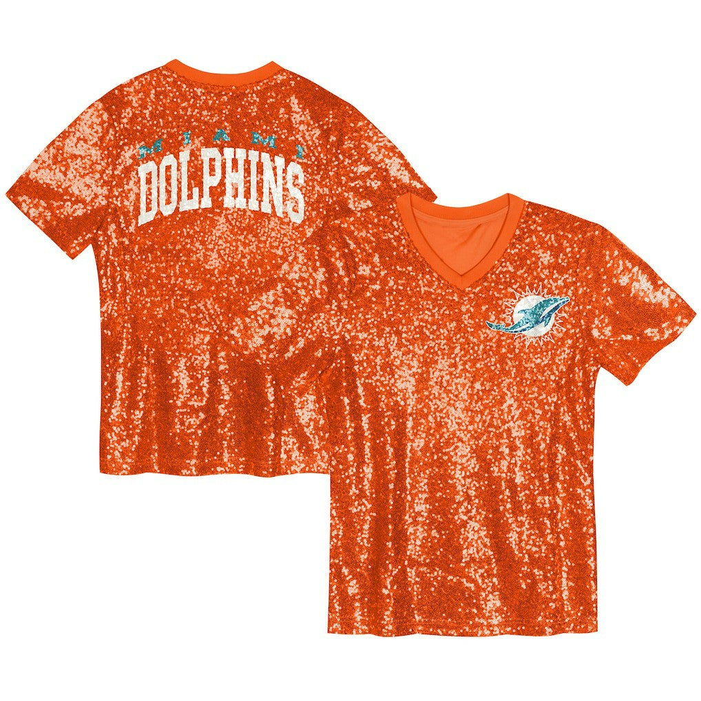 Miami Dolphins Girls Youth Wordmark Sequin V-Neck Top Orange - NFL