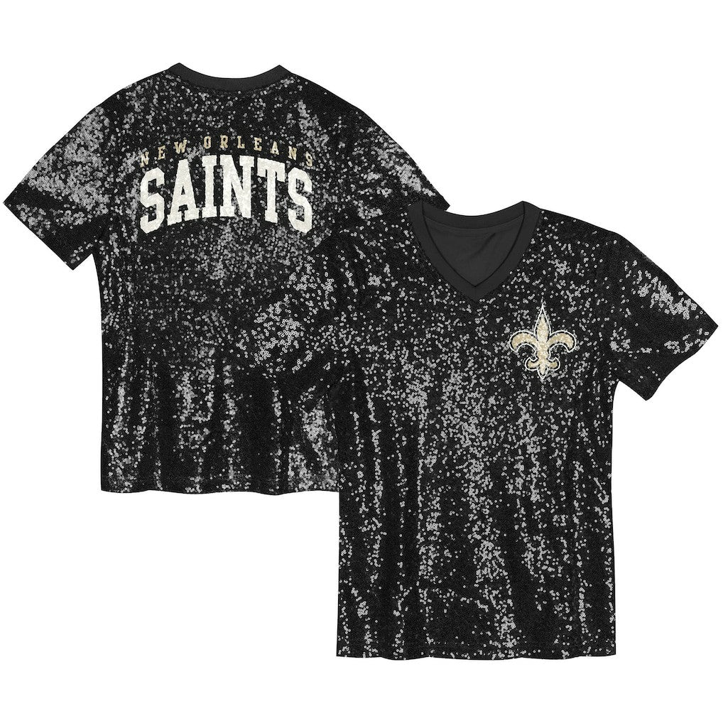 New Orleans Saints Girls Youth Wordmark Sequin V-Neck Top Black - NFL