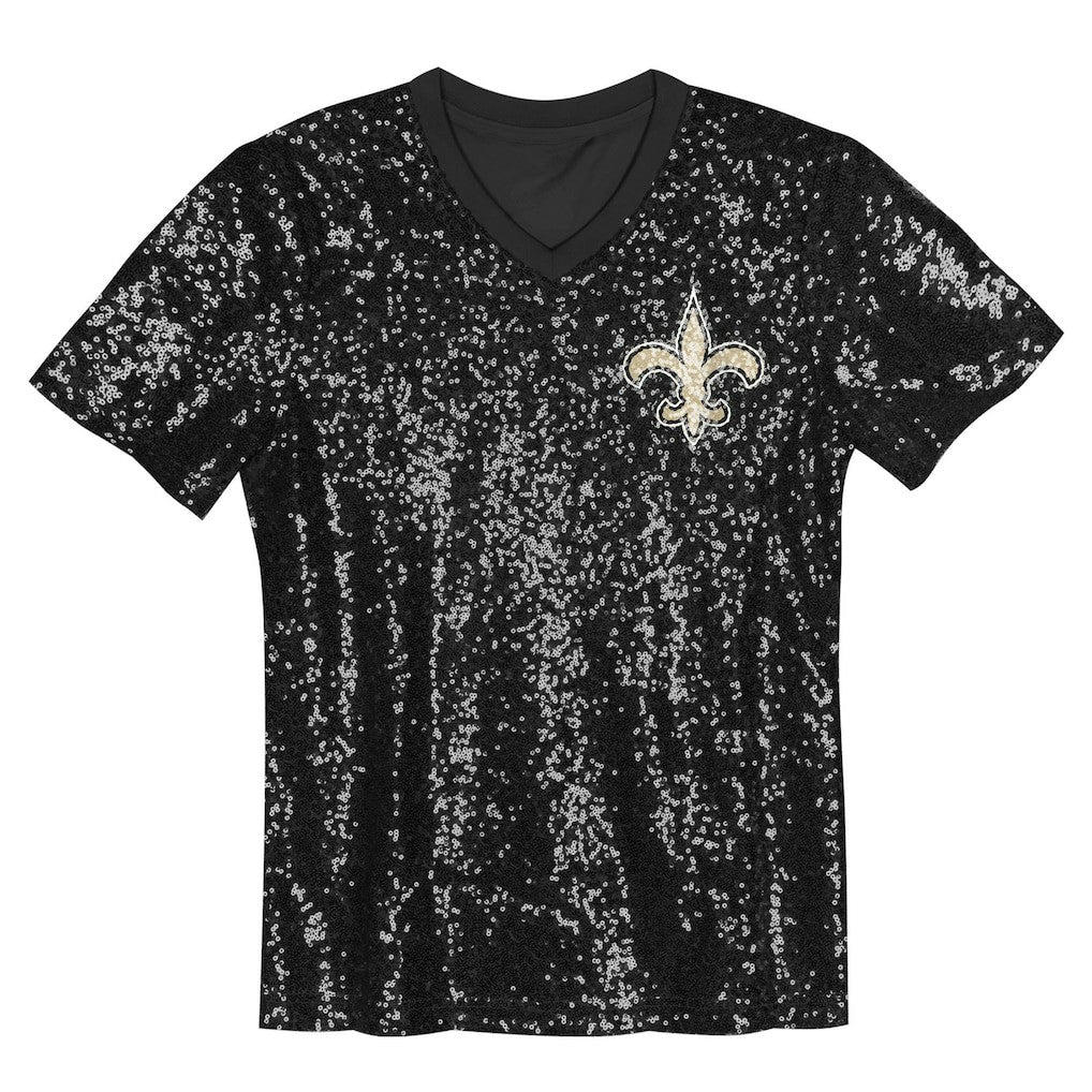 New Orleans Saints Girls Youth Wordmark Sequin V-Neck Top Black - NFL