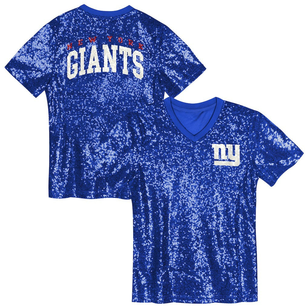 New York Giants Girls Youth Wordmark Sequin V-Neck Top Royal - NFL