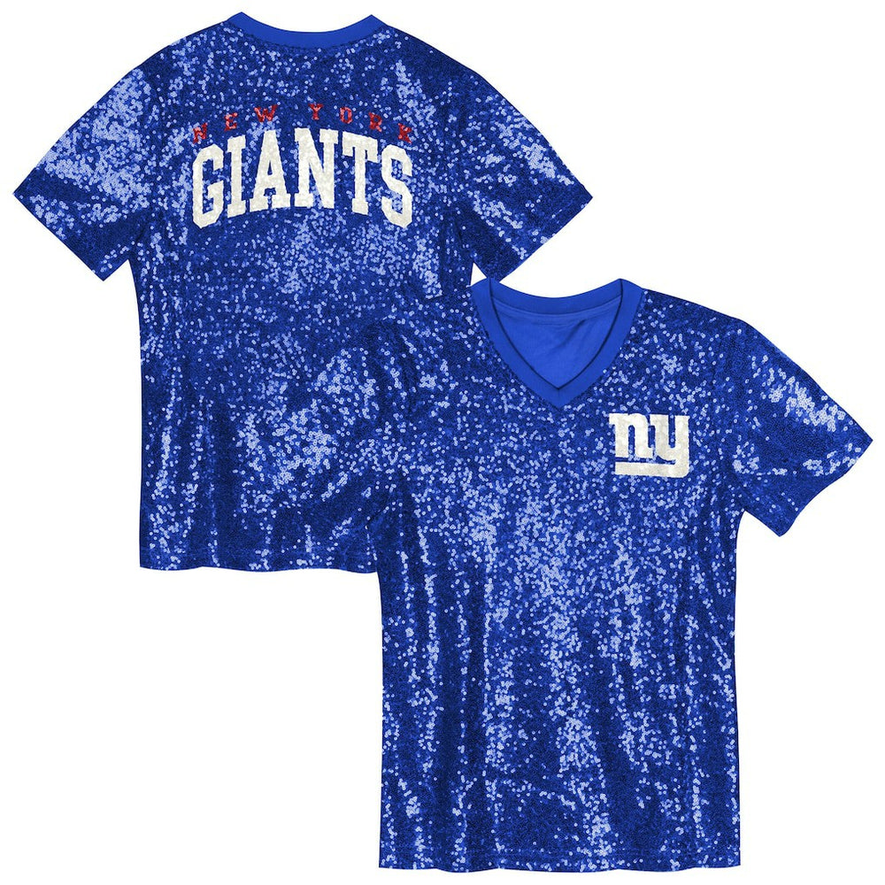 New York Giants Girls Youth Wordmark Sequin V-Neck Top Royal - NFL