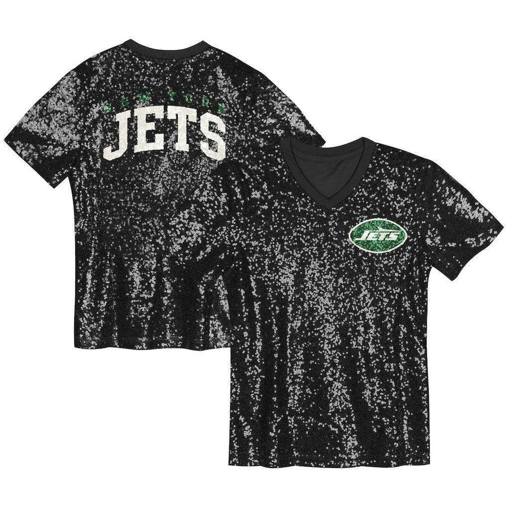 New York Jets Girls Youth Wordmark Sequin V-Neck Top Black - NFL