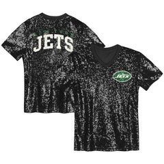 New York Jets Girls Youth Wordmark Sequin V-Neck Top Black - NFL