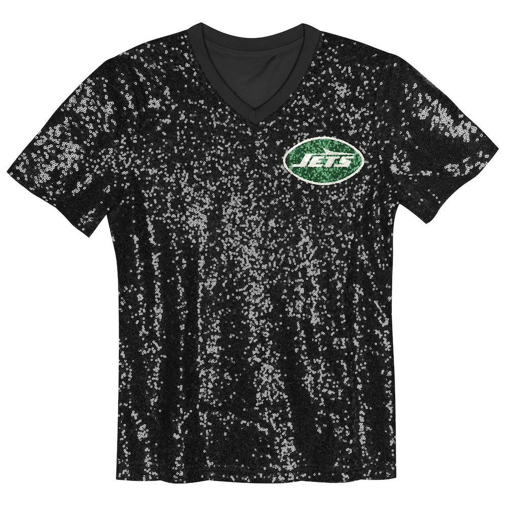 New York Jets Girls Youth Wordmark Sequin V-Neck Top Black - NFL