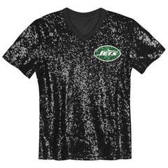 New York Jets Girls Youth Wordmark Sequin V-Neck Top Black - NFL