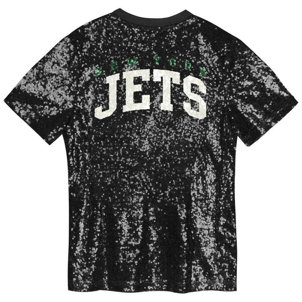 New York Jets Girls Youth Wordmark Sequin V-Neck Top Black - NFL