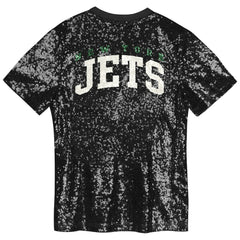 New York Jets Girls Youth Wordmark Sequin V-Neck Top Black - NFL