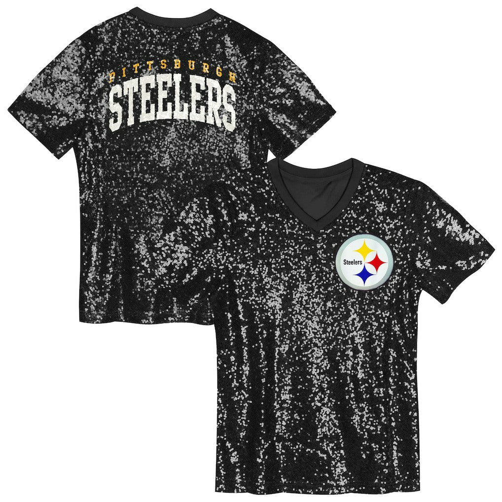 Pittsburgh Steelers Girls Youth Wordmark Sequin V-Neck Top Black - NFL