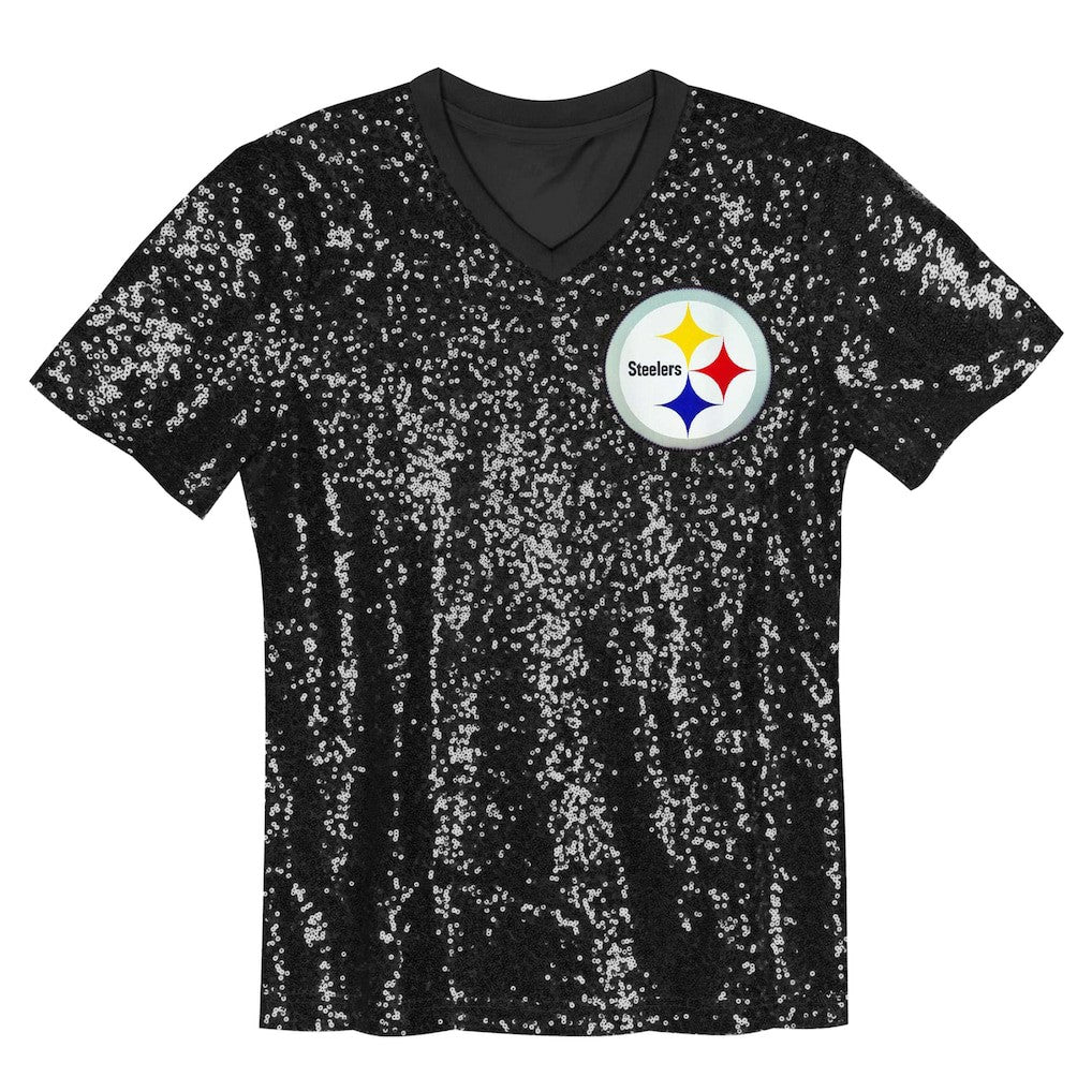 Pittsburgh Steelers Girls Youth Wordmark Sequin V-Neck Top Black - NFL