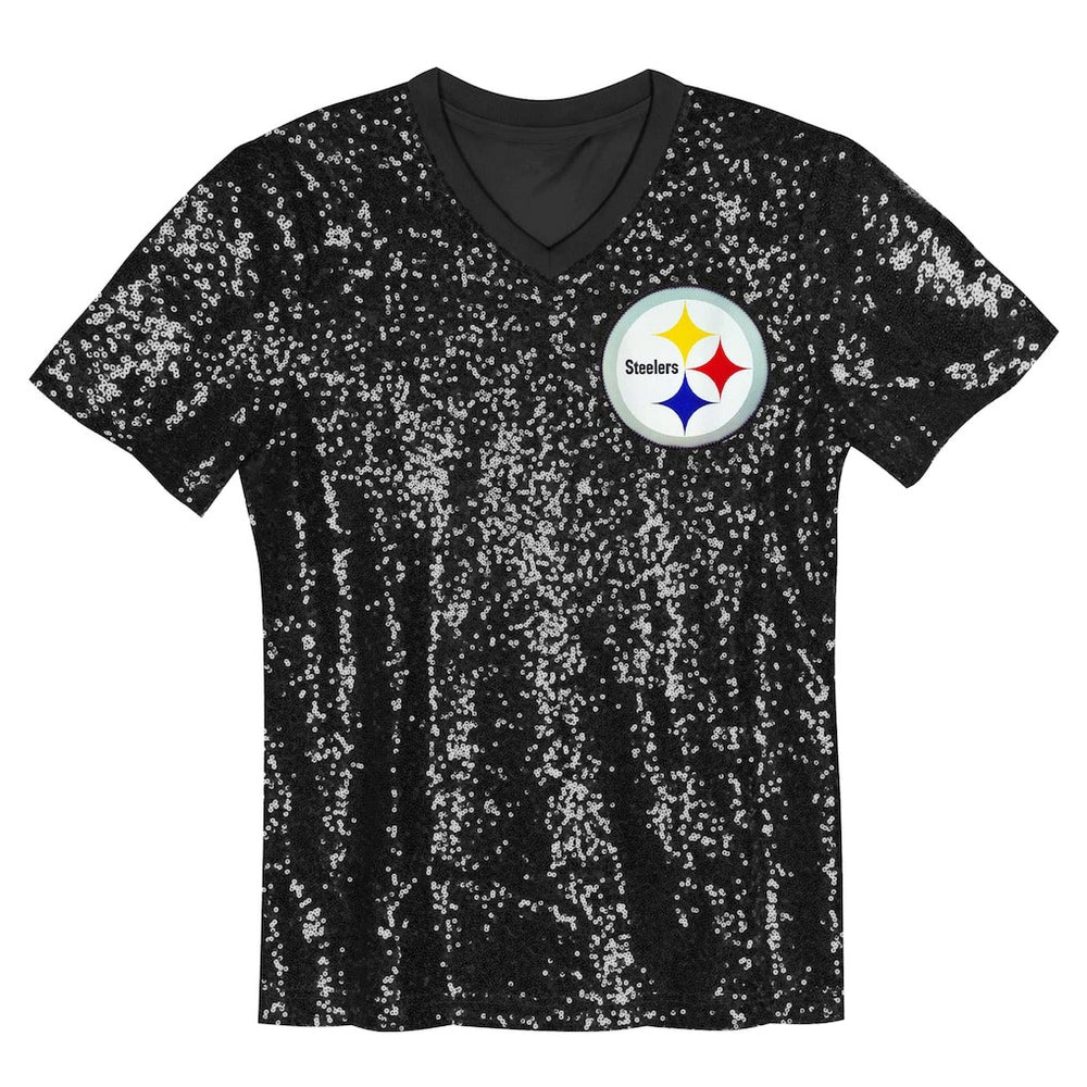 Pittsburgh Steelers Girls Youth Wordmark Sequin V-Neck Top Black - NFL