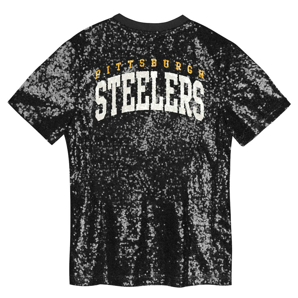 Pittsburgh Steelers Girls Youth Wordmark Sequin V-Neck Top Black - NFL