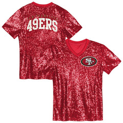 San Francisco 49ers Girls Youth Wordmark Sequin V-Neck Top Scarlet - NFL