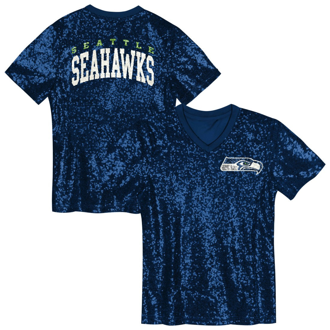 Seattle Seahawks Girls Youth Wordmark Sequin V-Neck Top College Navy - NFL