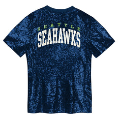 Seattle Seahawks Girls Youth Wordmark Sequin V-Neck Top College Navy - NFL