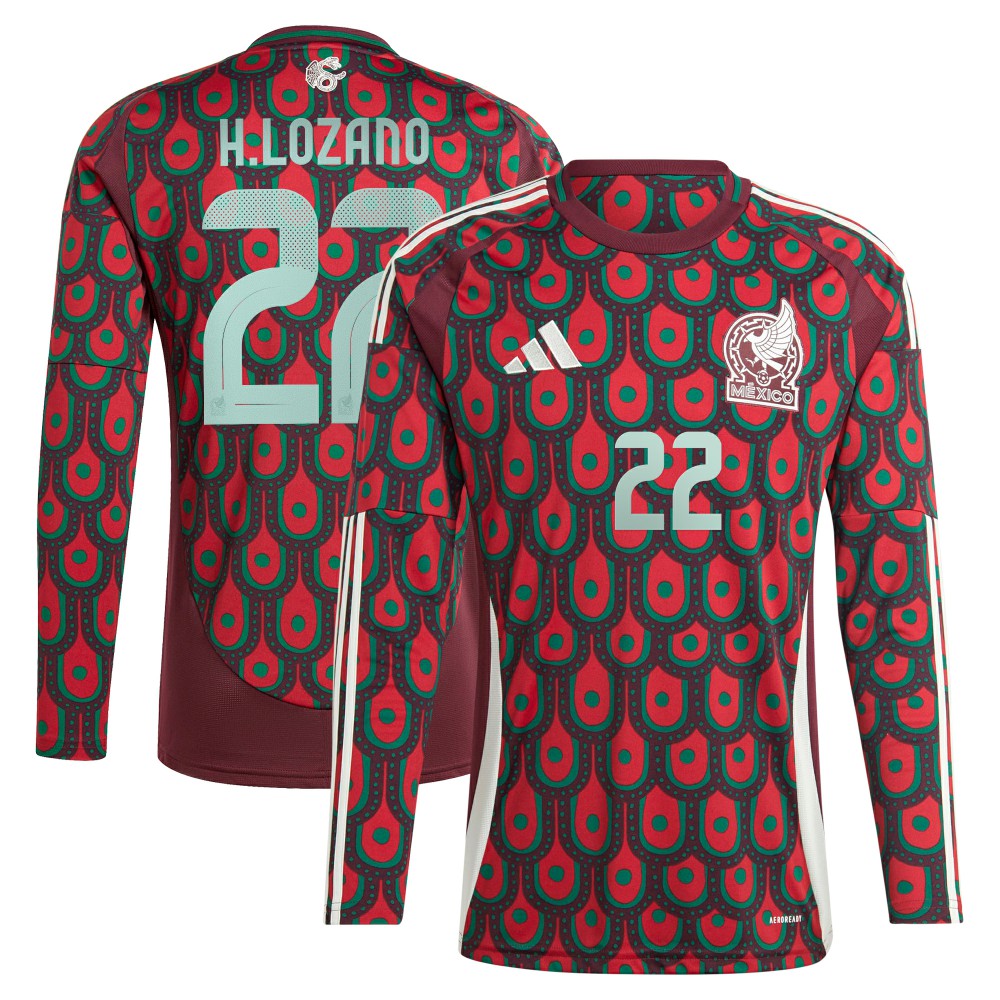 Adidas Hirving Lozano Mexico National Team 2024 Home Replica Player Long Sleeve Jerseys - Burgundy