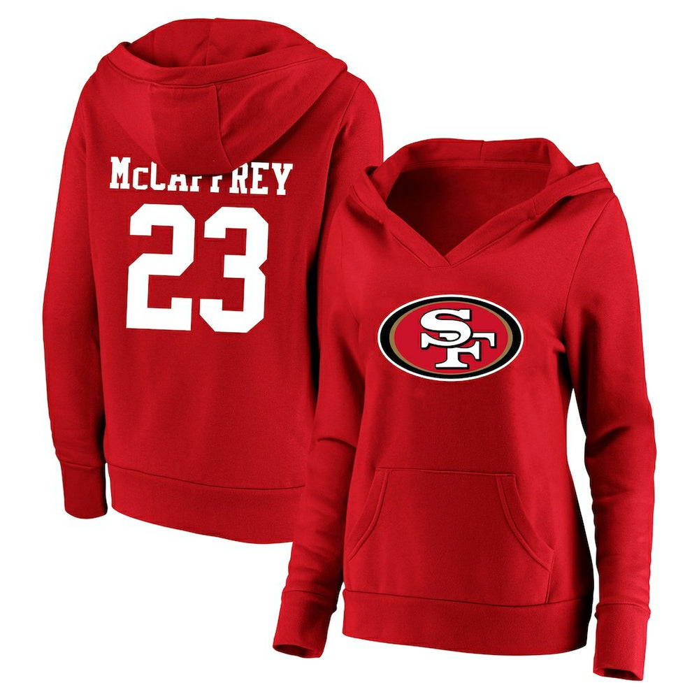 Christian McCaffrey San Francisco 49ers Women's Plus Size Player Name & Number V-Neck Pullover Hoodie Scarlet - Fanatics