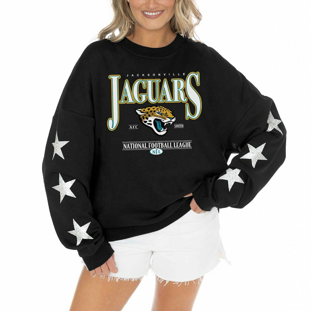 Jacksonville Jaguars Gameday Couture Women's Rhinestone Star Sleeve Settle the Score Oversized Pullover Sweatshirt Black - NFL