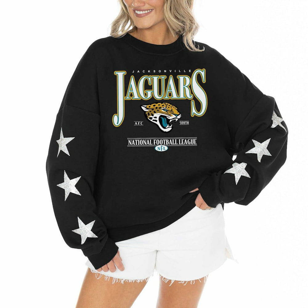 Jacksonville Jaguars Gameday Couture Women's Rhinestone Star Sleeve Settle the Score Oversized Pullover Sweatshirt Black - NFL