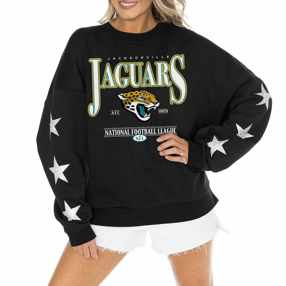 Jacksonville Jaguars Gameday Couture Women's Rhinestone Star Sleeve Settle the Score Oversized Pullover Sweatshirt Black - NFL