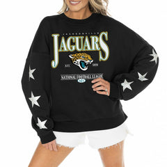 Jacksonville Jaguars Gameday Couture Women's Rhinestone Star Sleeve Settle the Score Oversized Pullover Sweatshirt Black - NFL