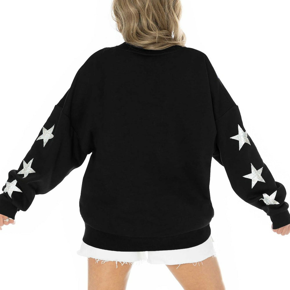 Jacksonville Jaguars Gameday Couture Women's Rhinestone Star Sleeve Settle the Score Oversized Pullover Sweatshirt Black - NFL