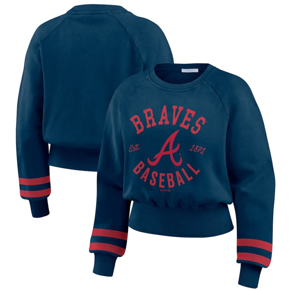 Atlanta Braves WEAR by Erin Andrews Women's Vintage Washed Cropped Pullover Sweatshirt Clearance