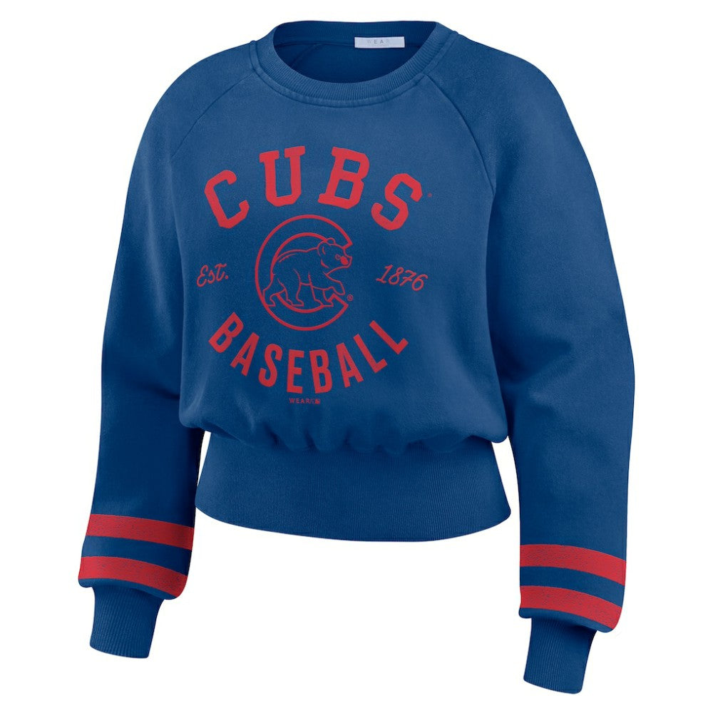 Chicago Cubs WEAR by Erin Andrews Women's Vintage Washed Cropped Pullover Sweatshirt Online
