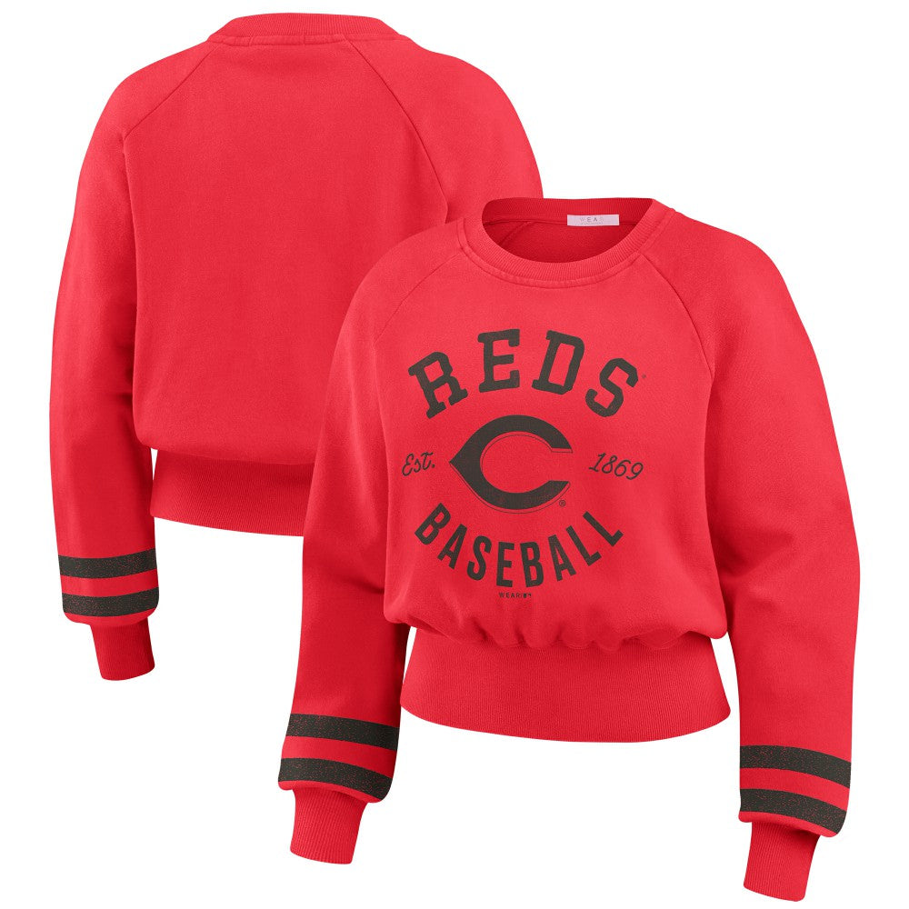 Cincinnati Reds WEAR by Erin Andrews Women's Vintage Washed Cropped Pullover Sweatshirt Clearance