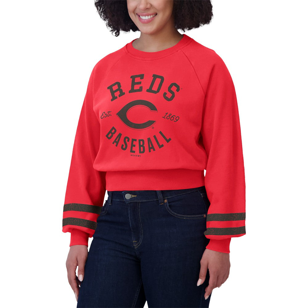 Cincinnati Reds WEAR by Erin Andrews Women's Vintage Washed Cropped Pullover Sweatshirt Clearance