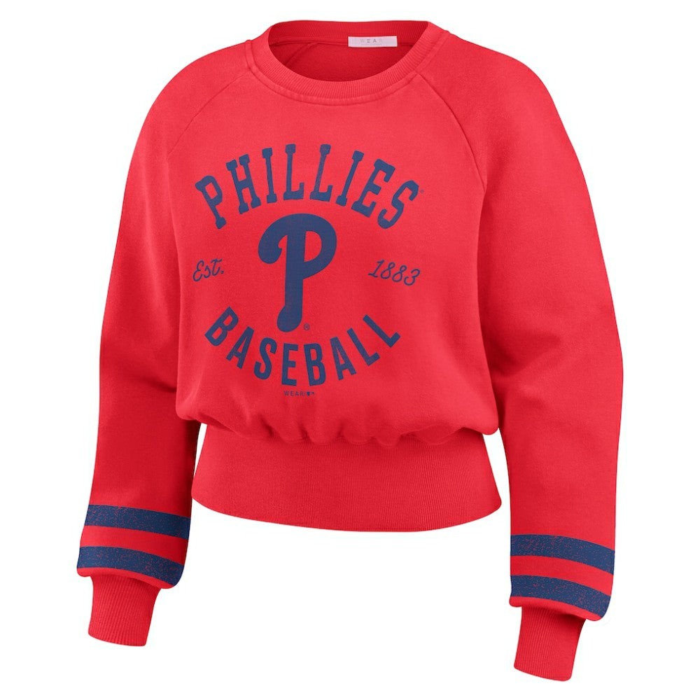 Philadelphia Phillies WEAR by Erin Andrews Women's Vintage Washed Cropped Pullover Sweatshirt Clearance