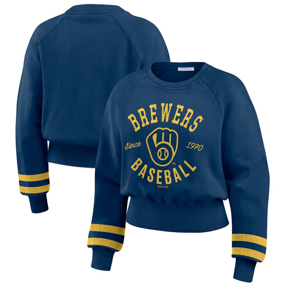 Milwaukee Brewers WEAR by Erin Andrews Women's Vintage Washed Cropped Pullover Sweatshirt Clearance