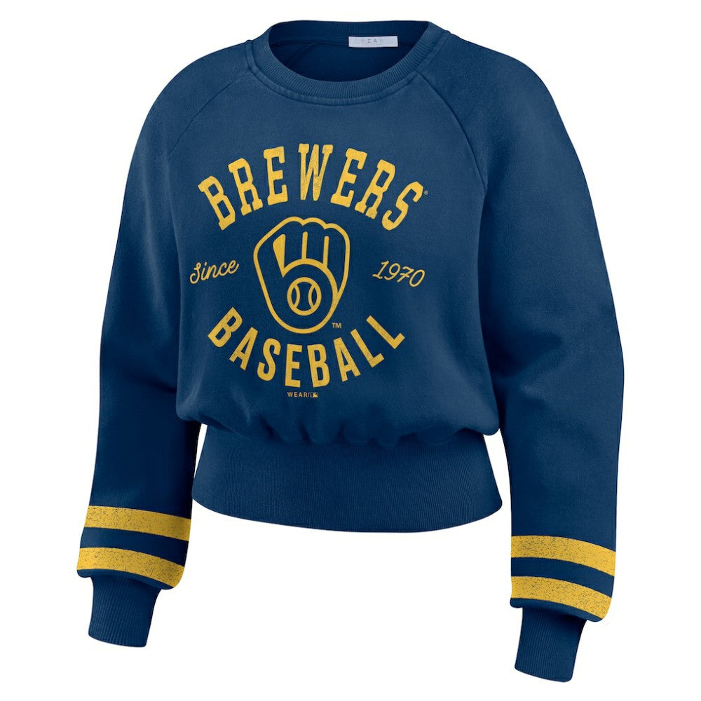 Milwaukee Brewers WEAR by Erin Andrews Women's Vintage Washed Cropped Pullover Sweatshirt Clearance