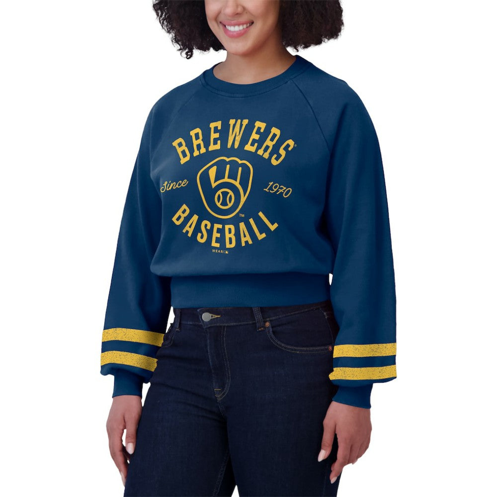 Milwaukee Brewers WEAR by Erin Andrews Women's Vintage Washed Cropped Pullover Sweatshirt Clearance