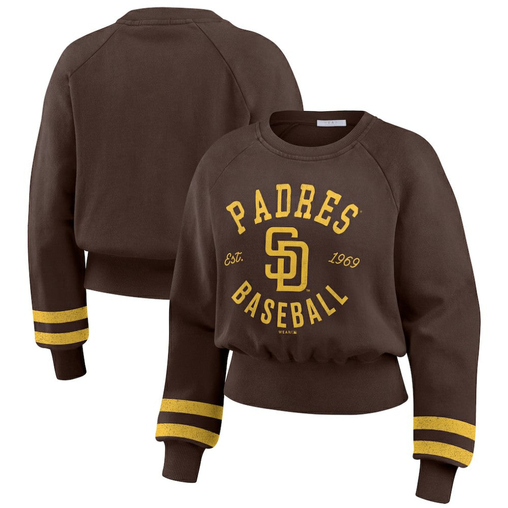 San Diego Padres WEAR by Erin Andrews Women's Vintage Washed Cropped Pullover Sweatshirt On Sale