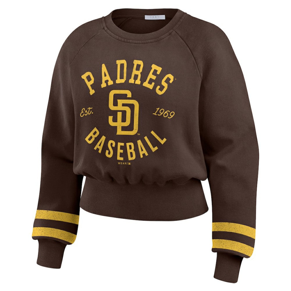 San Diego Padres WEAR by Erin Andrews Women's Vintage Washed Cropped Pullover Sweatshirt On Sale