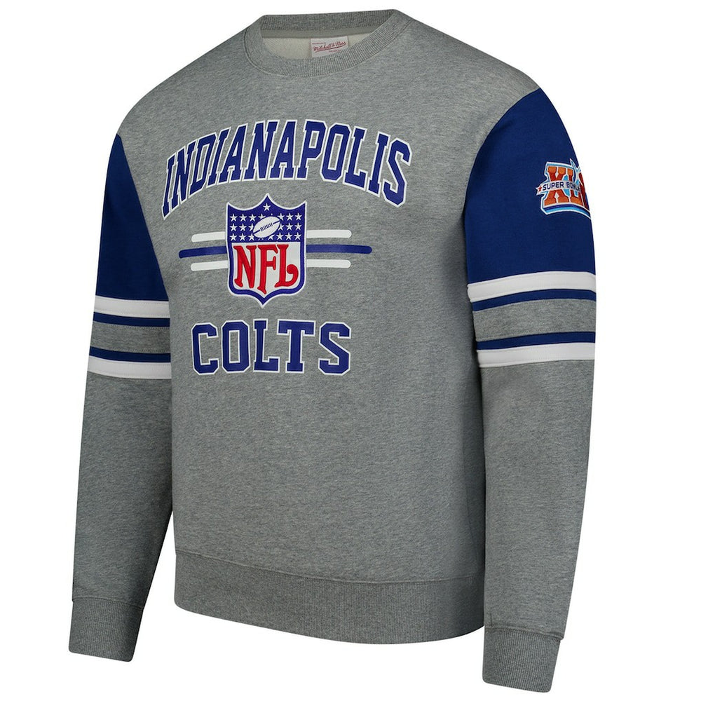 Indianapolis Colts All Over 4.0 Vintage Logo Pullover Sweatshirt Heather Gray - Mitchell & Ness